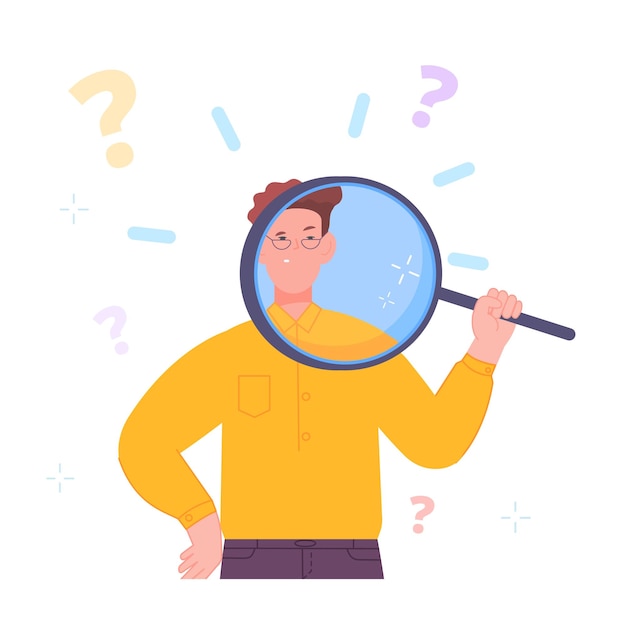 Looking something at magnifier fun man look eye in magnifying glass research check inspection concept cartoon person student portrait character