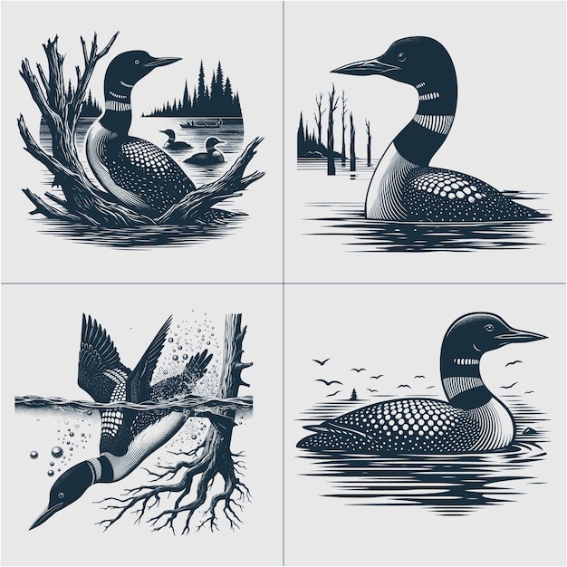 Loon Bird Vector Loon silhouet Duck Lake scène vector bestand