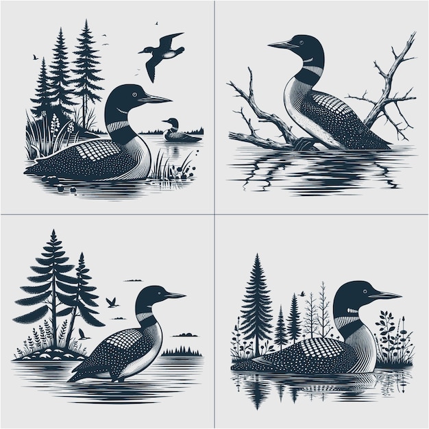 Loon Bird Vector Loon silhouette Duck Lake scene vector file