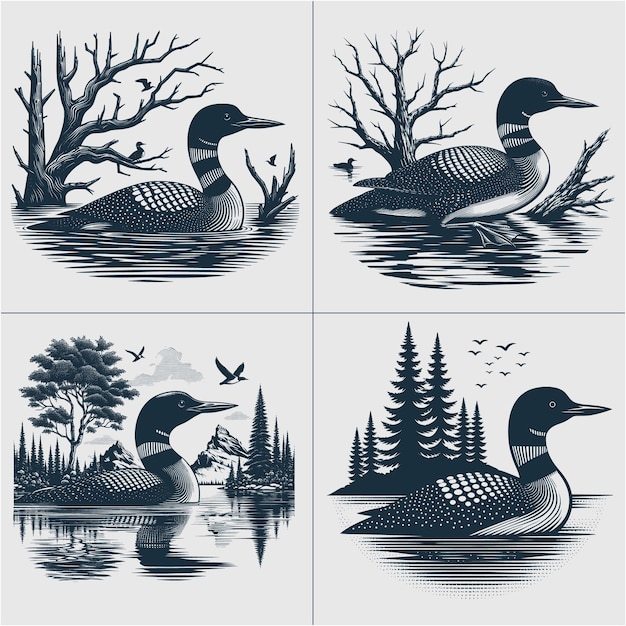 Vector loon bird vector loon silhouette duck lake scene vector file