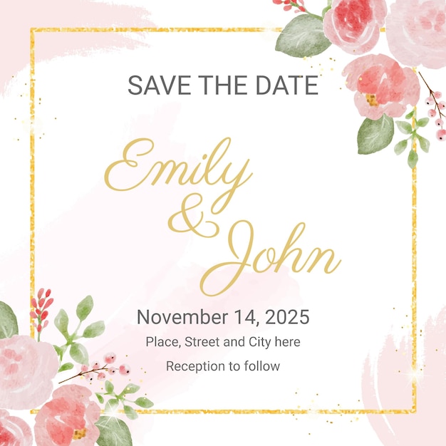 Loose watercolor roses flower bouquet with gold luxury square frame wedding invitation card template