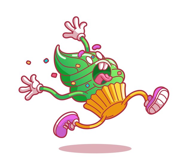 Lopen cupcake in paniek grappige cartoon illustratie Moderne platte stijl dunne lijn vector