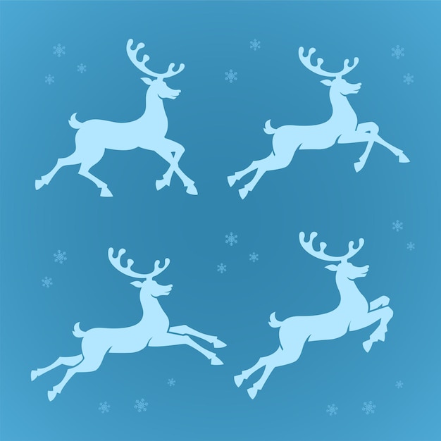 Lopende rendieren silhouetten met sneeuwvlokken geïsoleerd op blauwe achtergrond. kerst versiering