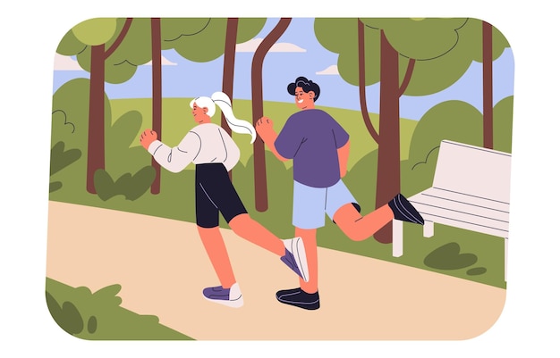 Vector loppers joggen samen in het park een paar joggers doen buiten sport mensen doen cardio-oefeningen lopen partners houden hun lichaam gezond actieve ochtend in de natuur fitness platte vector illustratie