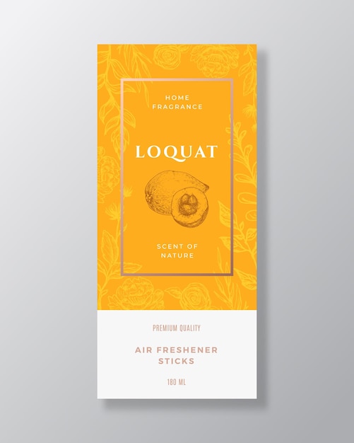 Loquat Home Fragrance Abstract Vector Label Template Hand Drawn Sketch Flowers Leaves Background and Retro Typography Premium Room Perfume Packaging Design Layout Realistic Mockup Isolated