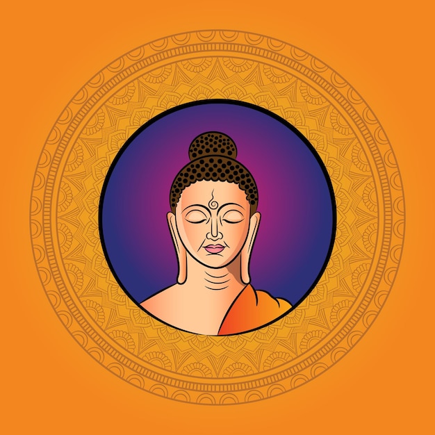 Lord Buddha-portretillustratie met mandalakunst en geeloranje background