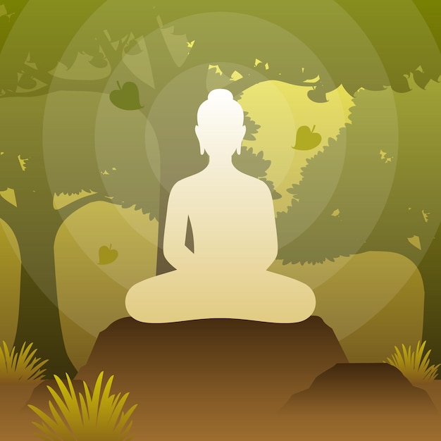 Vector lord buddha sit on under bodhi tree in meditation pose in forest