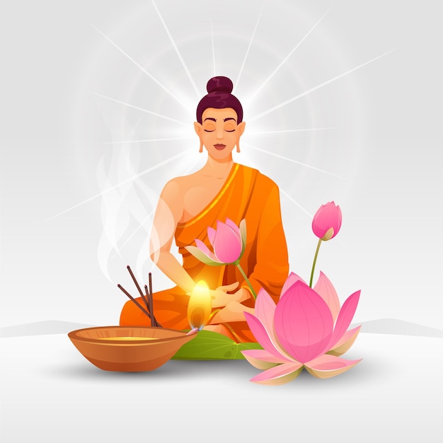 Vector lord buddha with flowers and lamp