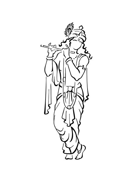 Vector lord krishna in beautiful clothes and crown playing bansuri flute god of protection love compassion
