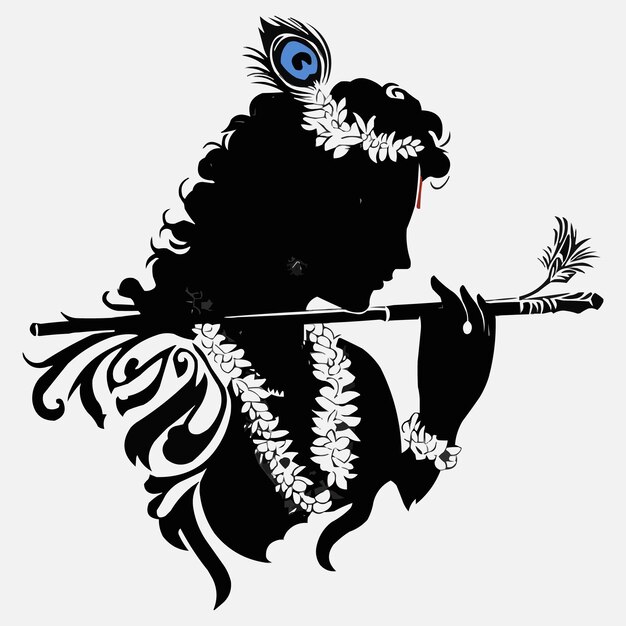 Vector lord krishna plays flute in silhouette vector illustration of lord krishna hindu god