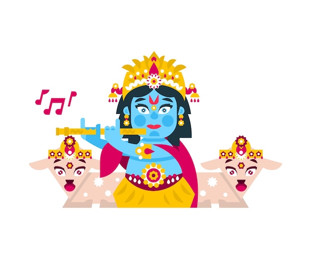Господь Кришна, сидящий в позе лотоса в украшениях, играет на флейте в среде коз Музыкальное божество животных Векторная иллюстрация Плоский стиль