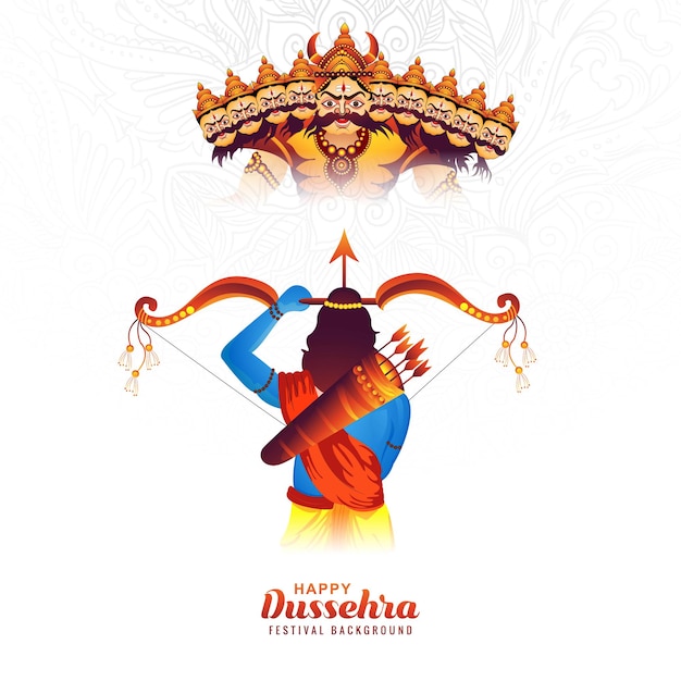 Vector lord rama killing ravana with ten heads in happy dussehra celebration background