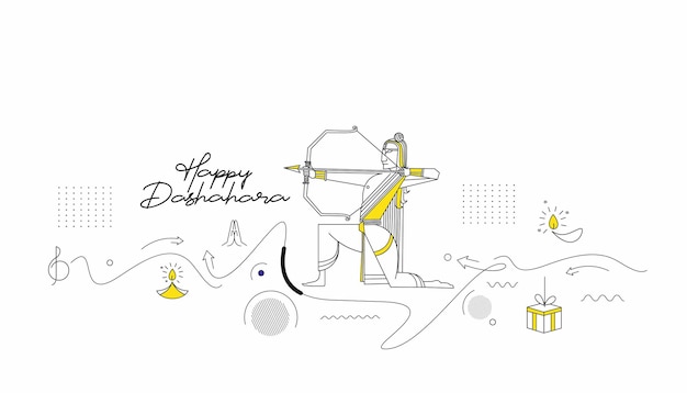 Lord rama con la freccia che uccide ravana nel festival di navratri dell'india poster con testo hindi dussehra, line art vector illustration.