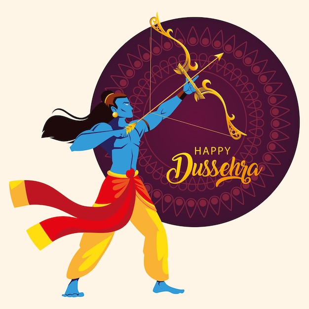 Vector lord rama with bow and arrow text happy dussehra