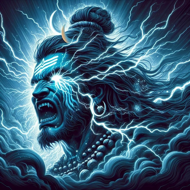 Lord Shiv Angry Face and lightning background artistic vector design