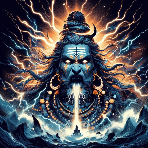 Vector lord shiv angry face and lightning background artistic vector design