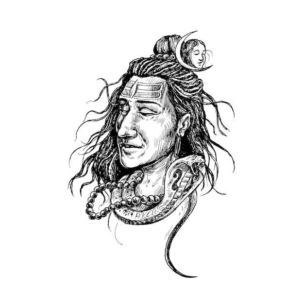 Vector lord shiva face tattoo - mahashivaratri poster, hand drawn sketch vector illustration.