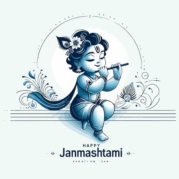 Vettore signore shree krishna bellissima carta da parati carina poster felice janmashtami illustrazione concetto