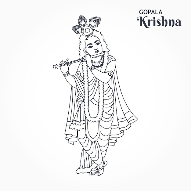 Vector lord young teen gopala krishna playing flute beautiful lineart