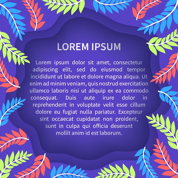Loremipsumテンプレート。装飾的な葉と芸術的な背景。テキストの場所。広告パンフレットのフラットベクトルイラスト。