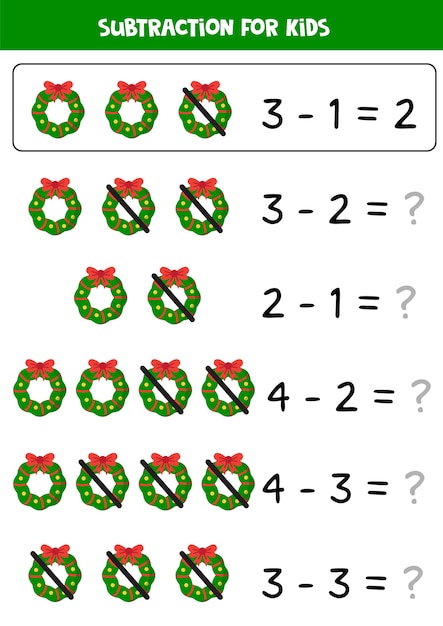 Los alle vergelijkingen op en schrijf het juiste antwoord op. aftrekken van kerstkransen.