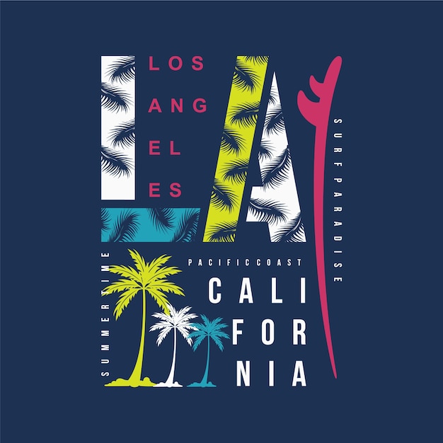 Illustrazione della tavola da surf di los angeles, california per il design della maglietta
