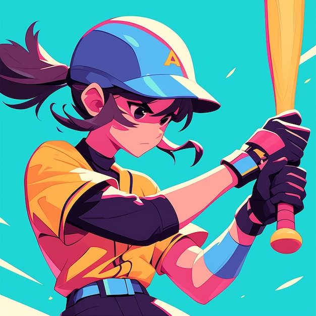 A Los Angeles girl plays softball in cartoon style
