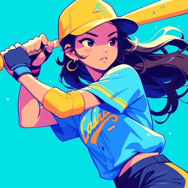 A Los Angeles girl plays softball in cartoon style