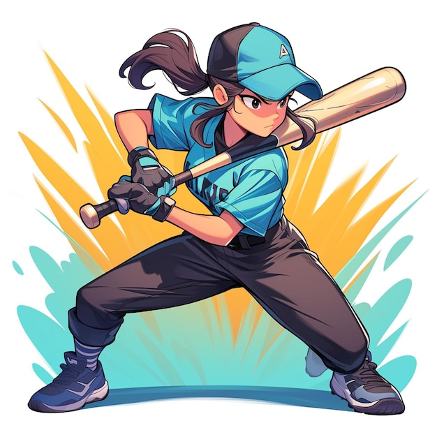 A Los Angeles girl plays softball in cartoon style