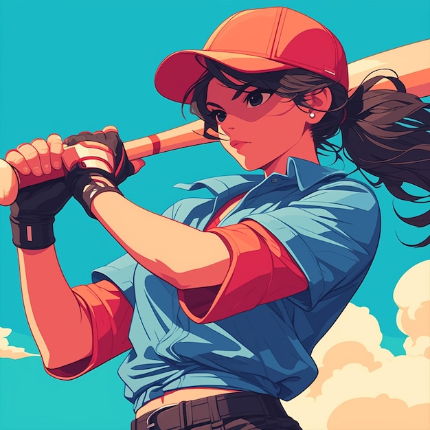 A Los Angeles girl plays softball in cartoon style