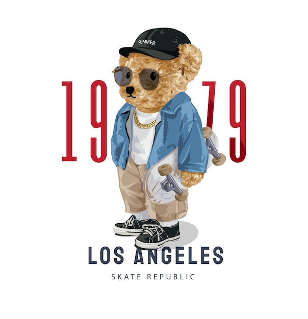 스케이트보드 삽화를 들고 선글라스에 귀여운 곰 인형이 있는 로스앤젤레스 슬로건