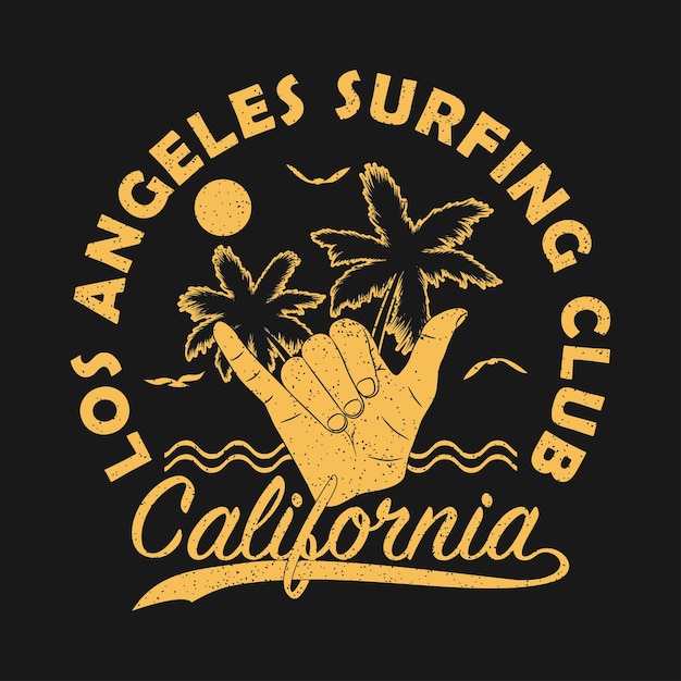 Vettore los angeles surf club california stampa grunge per abbigliamento con gesto della mano surf vintage shaka