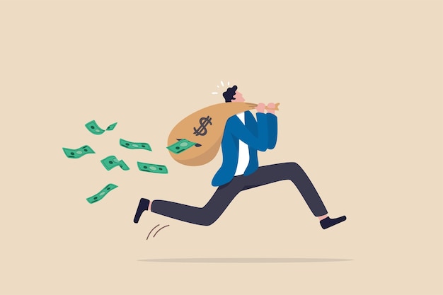 lose money while trying to get out of stock market in crisis or recession, investment risk or fraud, mutual fund expense and cost concept, businessman running with money bag, banknotes fall from hole.
