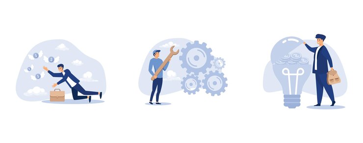 Vector losing money from business failure or investment mistake, businessman holding wrench to adjust gear