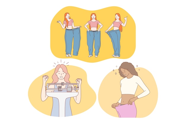 Perdere peso, magro, dieta, figura, buona forma fisica, perdita di peso, concetto di bellezza. giovani donne positive
