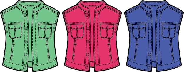 Vector losse denim vest jas voor mode platte schets technische tekening vector illustratie sjabloon