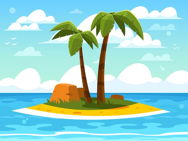 Lost island in ocean Cartoon sea landscape with tropical island with palms rocks and sand beach