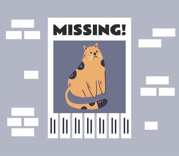 Lost missing pet animal poster notice announcement on wall concept