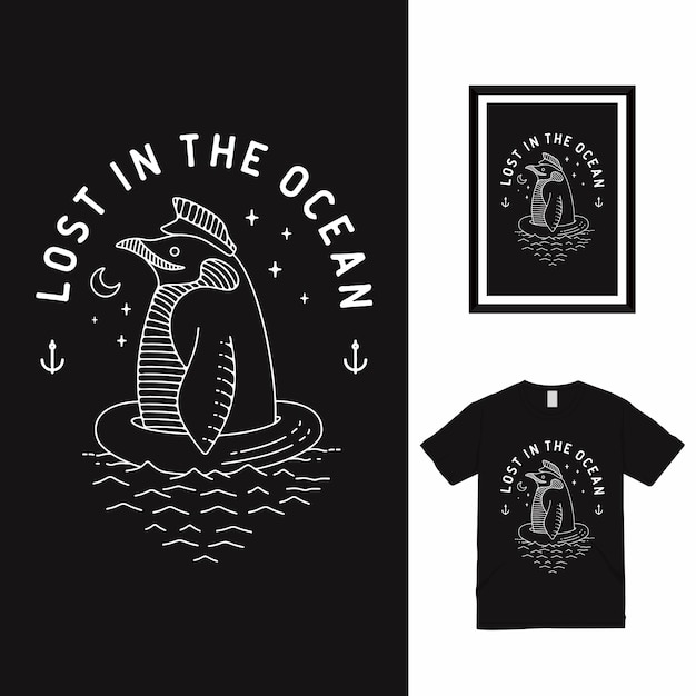 Vettore design della maglietta lost penguin line art