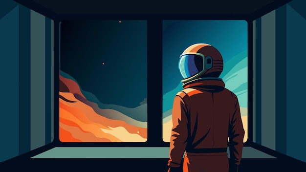 Perduto nella vastità dell'universo l'astronauta sta in silenziosa contemplazione alla finestra del suo