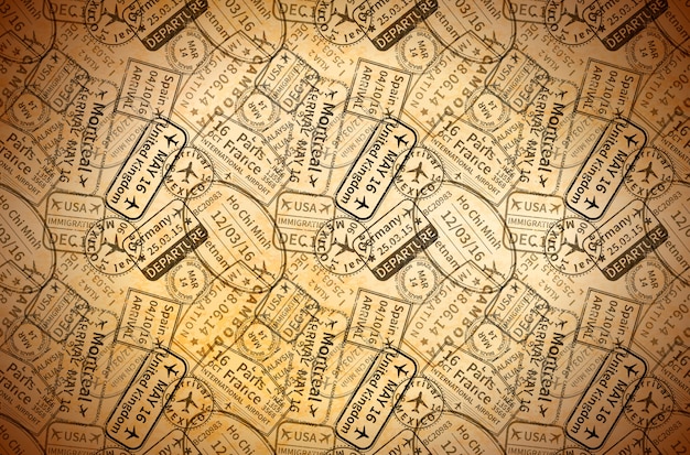 Vector a lot of black international travel visa rubber stamps imprints on old paper, horizontal vintage background