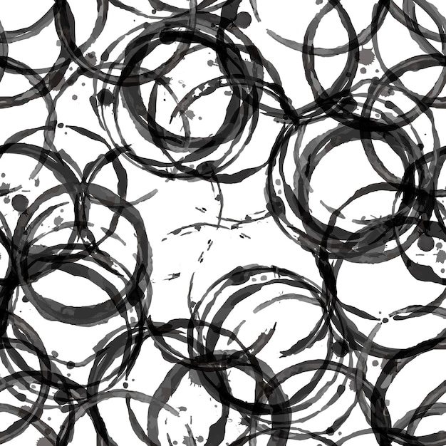 Vettore lotto di macchie di inchiostro a forma rotonda nere su motivo bianco senza cuciture