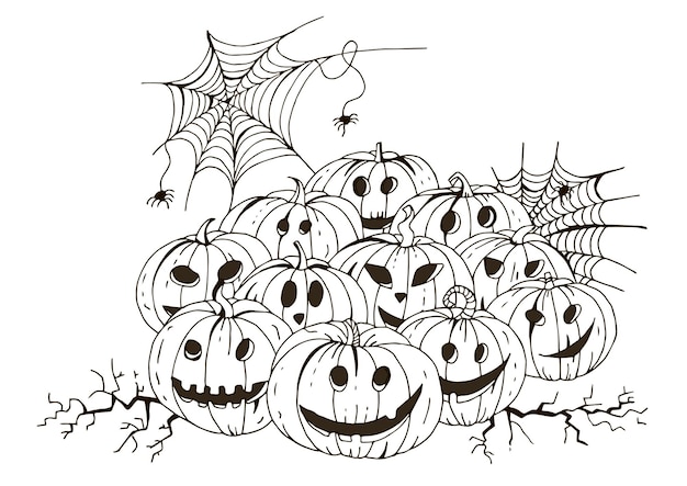 A lot of creepy and lovely pumpkins for Halloween Funny faces Autumn holidays Vector Illustration