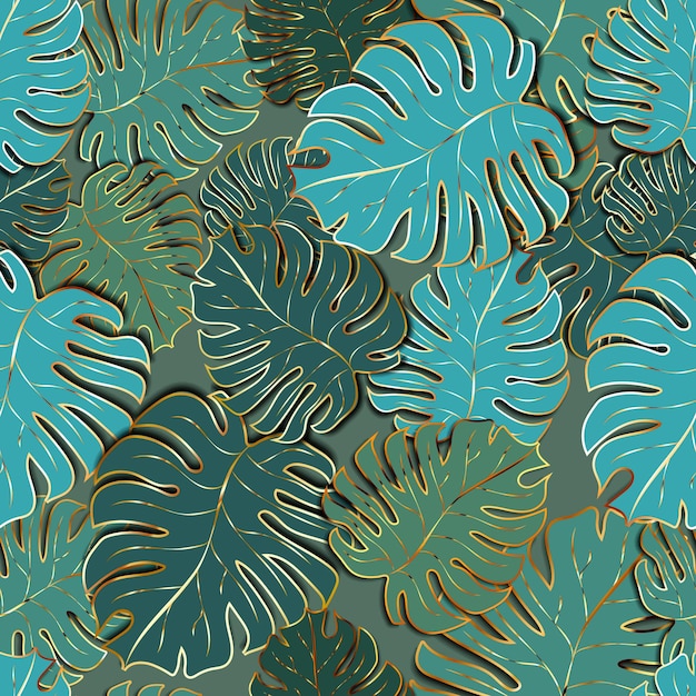 A lot of cute green palm leaves with golden outline, modern fashion seamless pattern