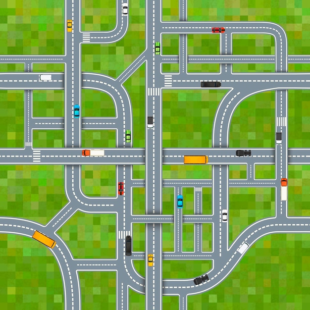 Vector a lot of different road junctions on grass background with cars, top view seamless pattern