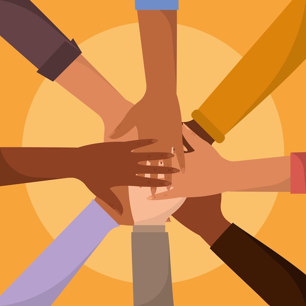 Lot of hands together Teamwork concept Vector illustration