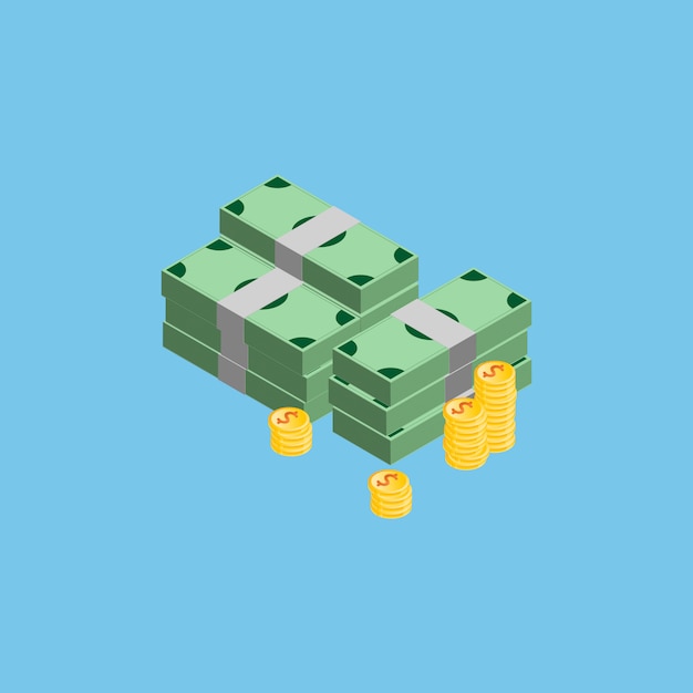 Vector a lot of money coins and banknotes on the color background