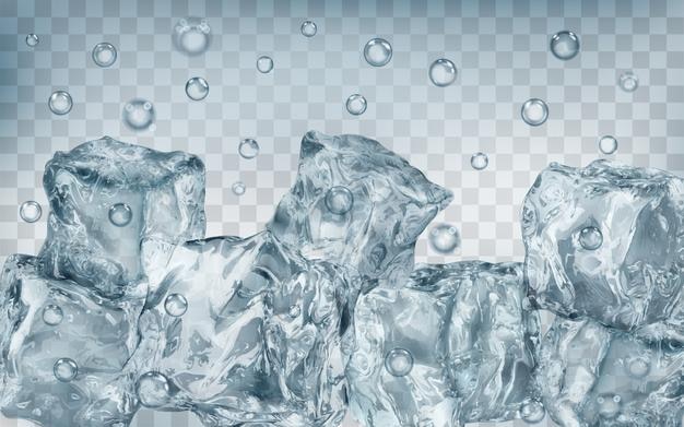 A lot of translucent gray ice cubes and air bubbles under water on transparent background. transparency only in vector format