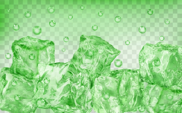 Vettore un sacco di cubetti di ghiaccio verdi traslucidi e bolle d'aria sott'acqua su sfondo trasparente. trasparenza solo in formato vettoriale