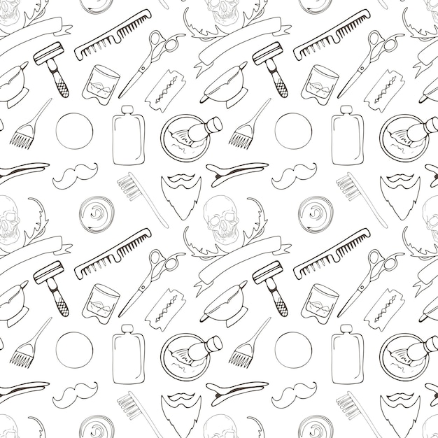 Un sacco di oggetti vettoriali per il barbiere su sfondo bianco motivo doodle senza cuciture